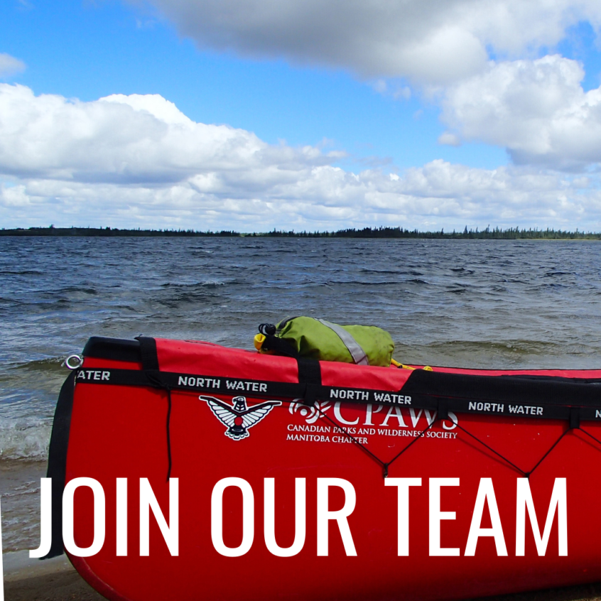 canoe by a lake with text reading 'join our team'