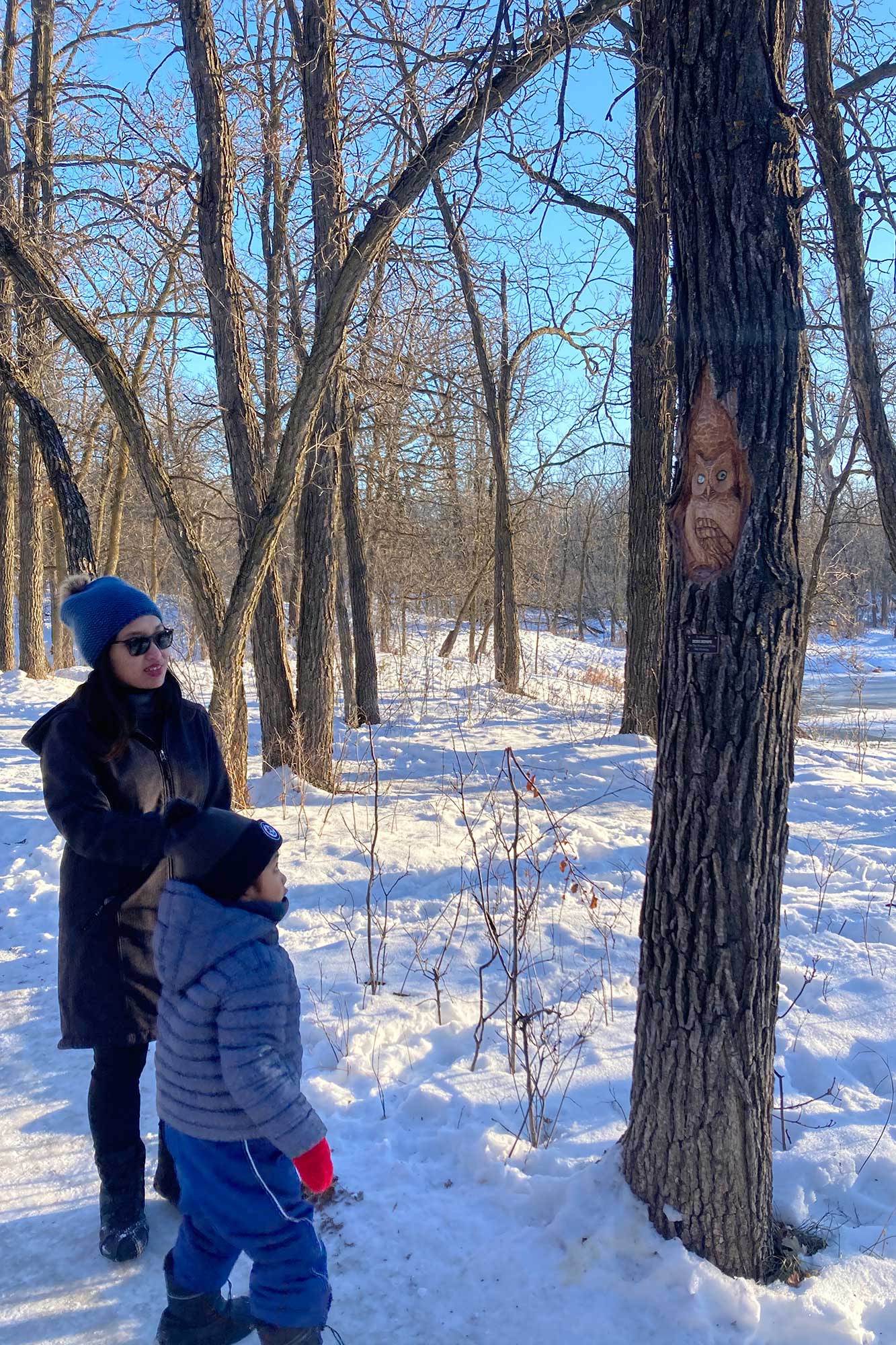 Two people look at a tree carving at Bois-des-Esprits in Winnipeg.