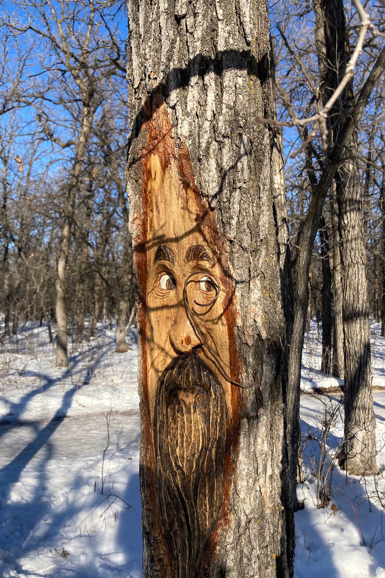 A tree carving at Bois-des-Esprits in Winnipeg.
