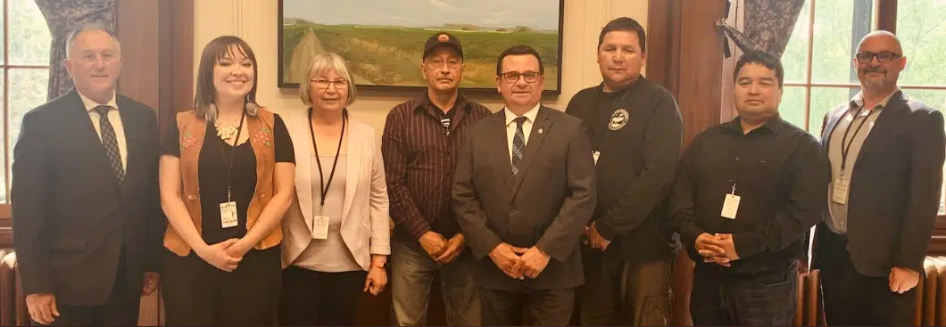 Representatives of the Seal River Watershed Alliance and CPAWS Manitoba (R) meet with Minister of Indigenous Reconciliation and Northern Relations Alan Lagimodiere (L) And Conservation and Climate Minister Jeff Wharton (centre) in June 2022.