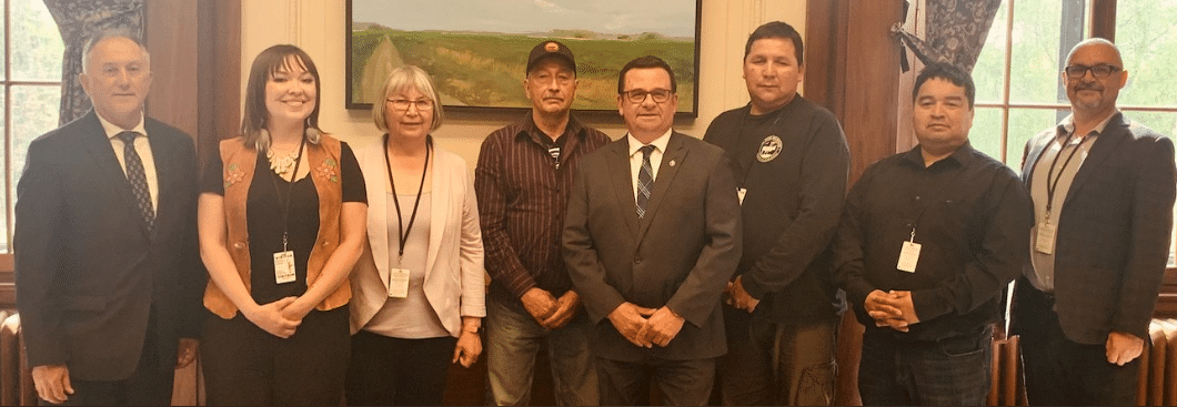 Representatives of the Seal River Watershed Alliance and CPAWS Manitoba (R) meet with Minister of Indigenous Reconciliation and Northern Relations Alan Lagimodiere (L) and Minister of Environment, Climate and Parks Jeff Wharton (centre) in June 2022.