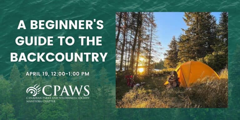 Banner graphic for Nadine Girouard's April 19 CPAWS Manitoba webinar on a Beginner's Guide to the Backcountry.