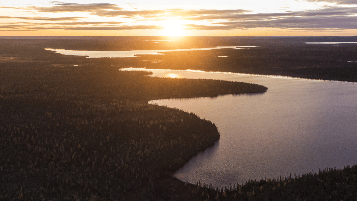 sunrise over the Seal River Watershed aerial view