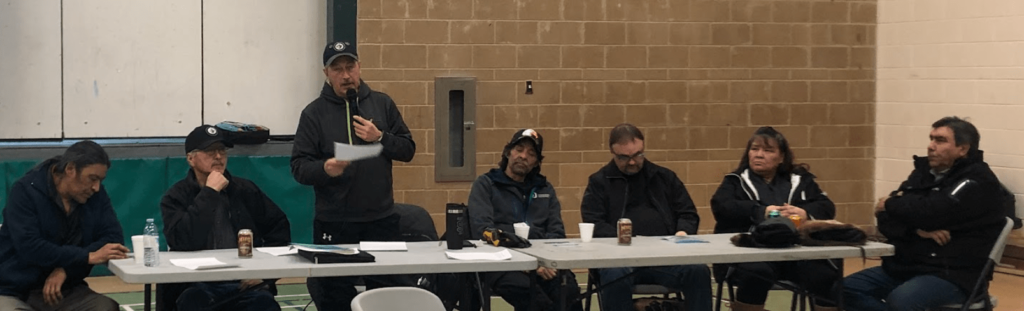 Seal River Watershed Alliance Executive Director Ernie Bussidor speaks about the initiative at a band meeting in Northlands Denesuline First Nation on February 4, 2020. Credit: Michelle Ewacha