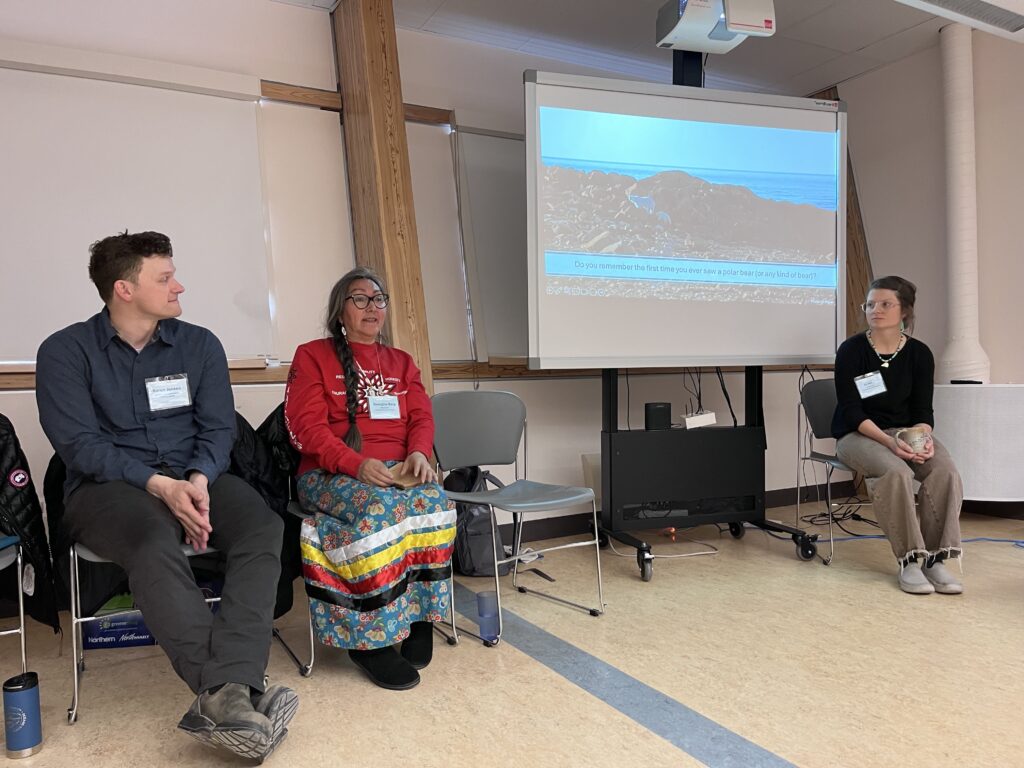 From left: Aaron Janzen, Georgina Berg and Kt. Miller discuss the Churcill Storywork project on June 19, 2024. Credit Mira Oberman, CPAWS Manitoba